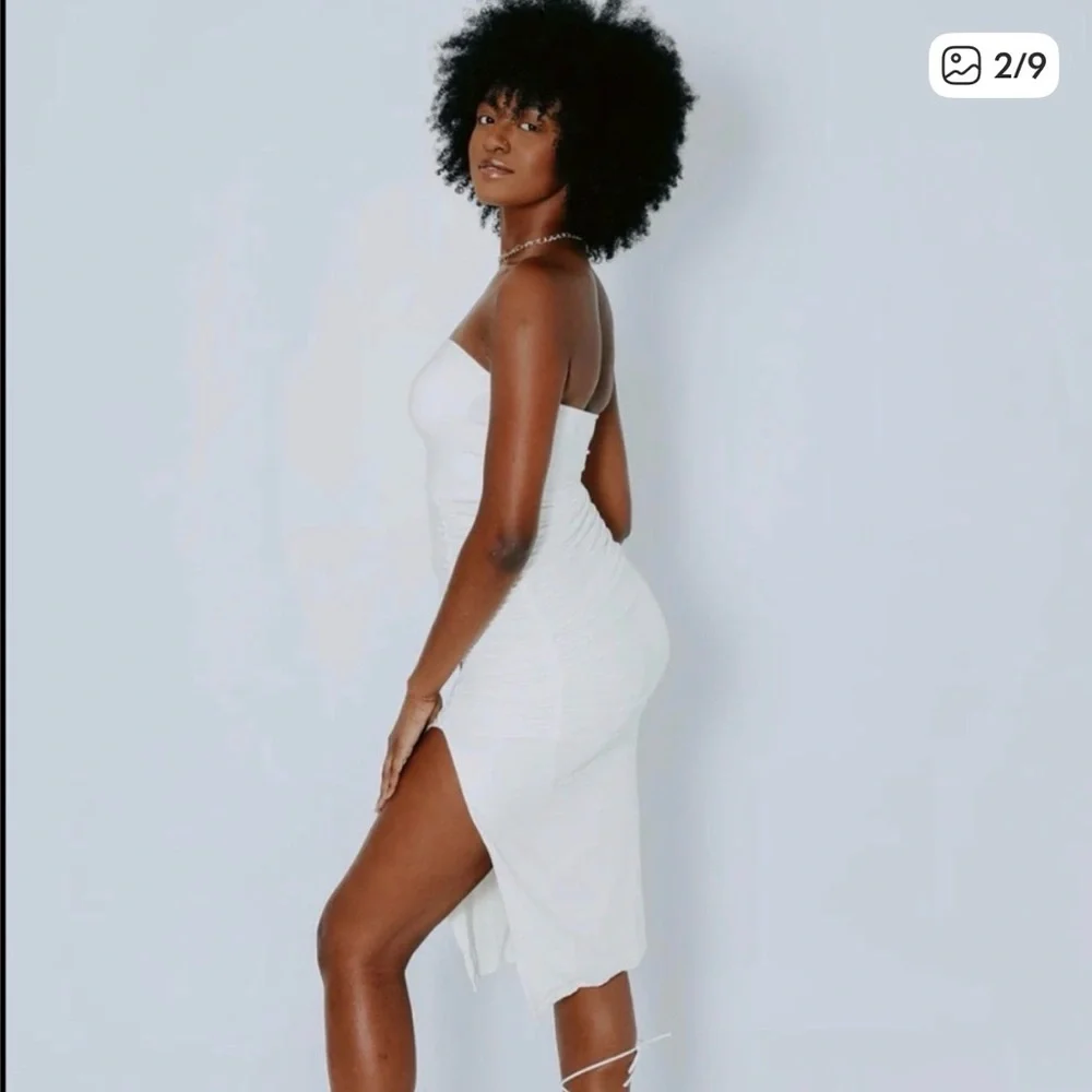 Klassy Network Cream Strapless Midi Dress with Thigh Slit